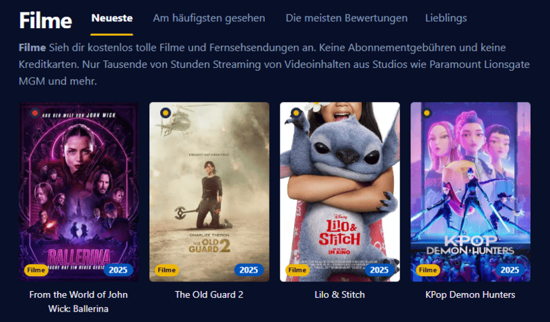 Screenshot der Benutzeroberfläche von Einschalten die eine moderne Streaming-Plattform mit Filmen und Serien darstellt.